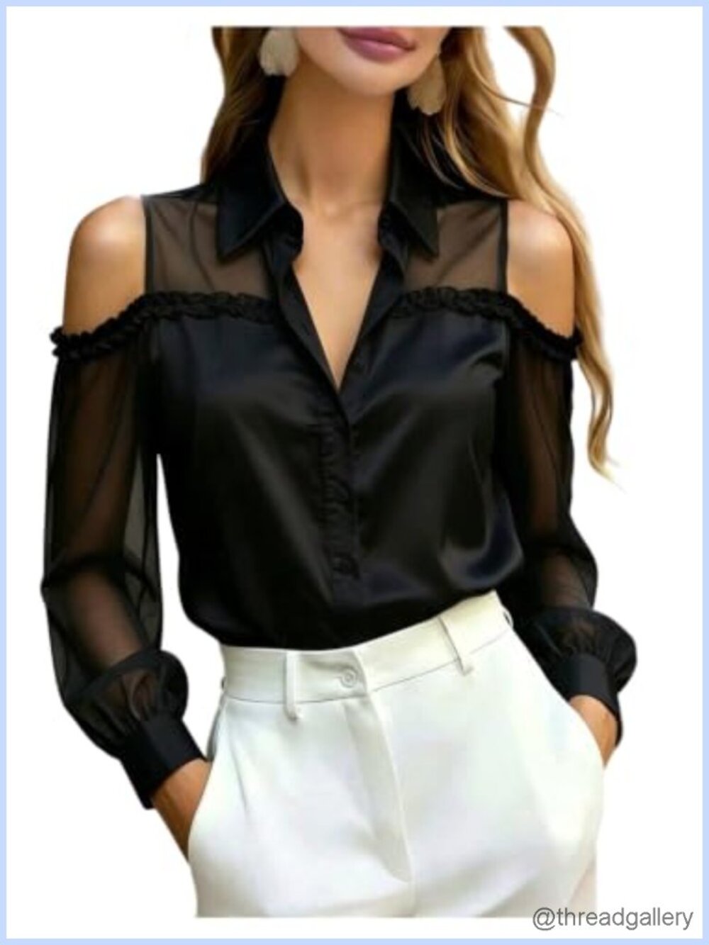 Satin Cold Shoulder Mesh Sheer Long Sleeve Button Down Blouse